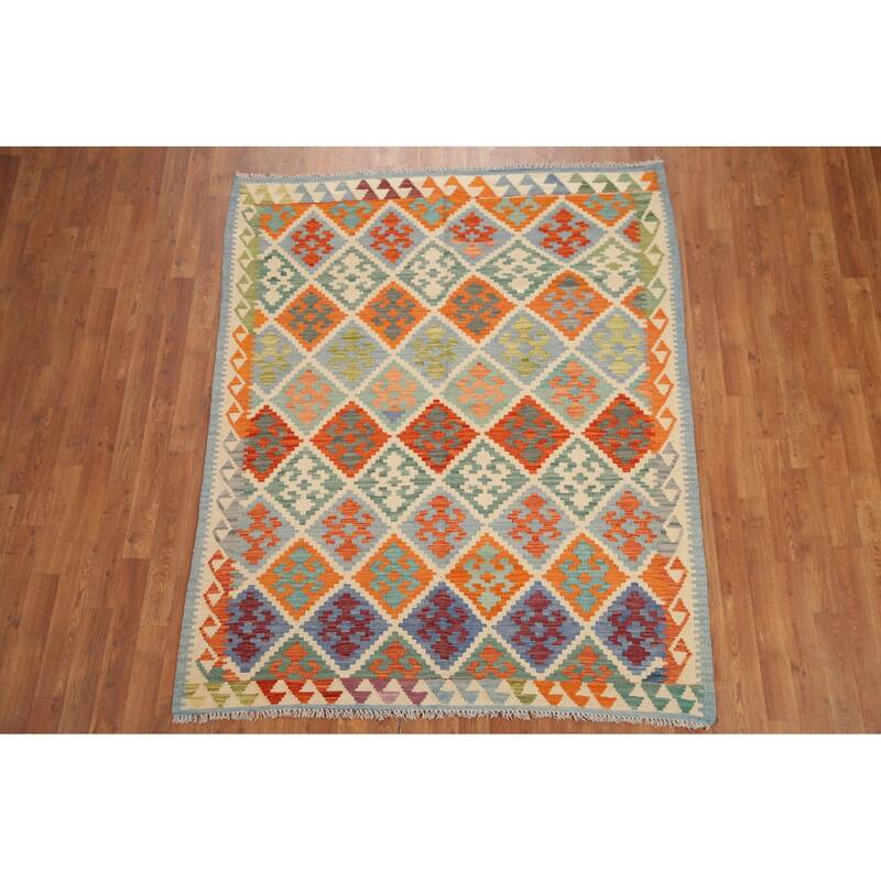 Hand Woven Oriental 100% Wool Carpet Southwestern Geometric Multi-Colored Kilim Area Rug - 6' 3'' X 5' 0''