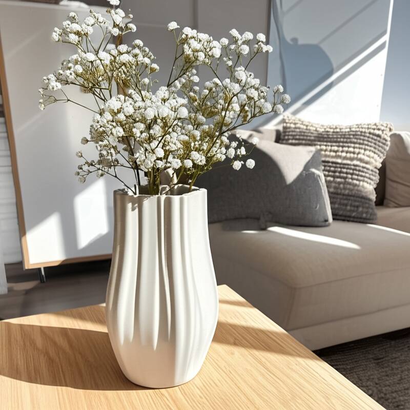 Stoneware Vase 3D Printed Sculpted Fluted Textured Curved - 7" x 7" x 11"