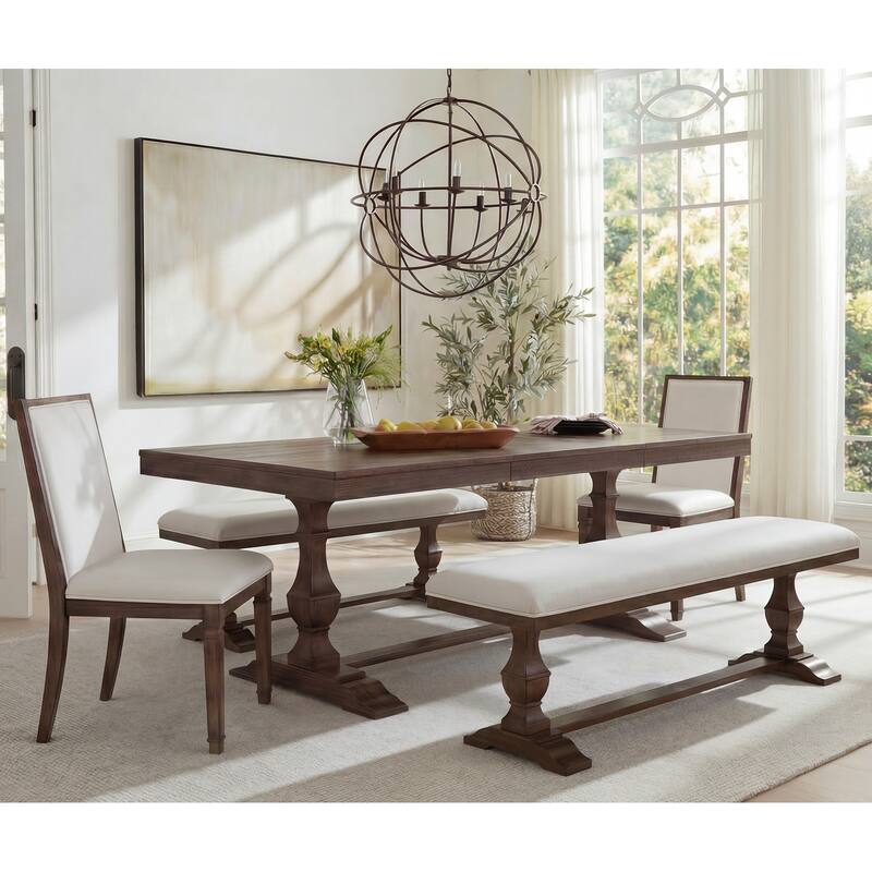 5-pieces Farmhouse Dining Table for 6, 74.8" Kitchen Table Set with 2 Benches and 2 Chairs, Solid Wood Legs and Cushion Seat