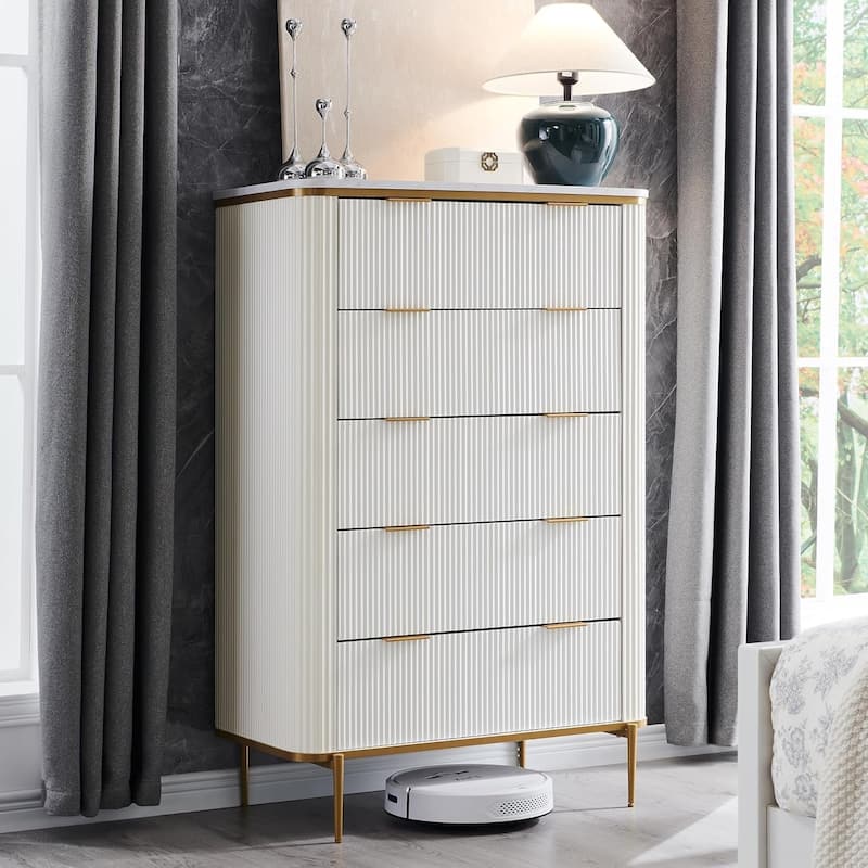 Modern Fluted 5 Drawers Dresser for Bedroom, Dresser Chest of Drawers - Off White