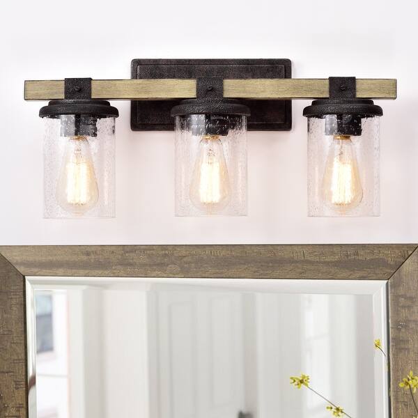 3 Light Woodgrain And Black Textured Finish Vanity Light Wall Sconce With Clear Seeded Glass Woodgrain And Black Textured Overstock 3 Light Woodgrain And Black Textured Finish Vanity Light Wall Sconce With Clear Seeded Glass Woodgrain And Black Textured Overstock