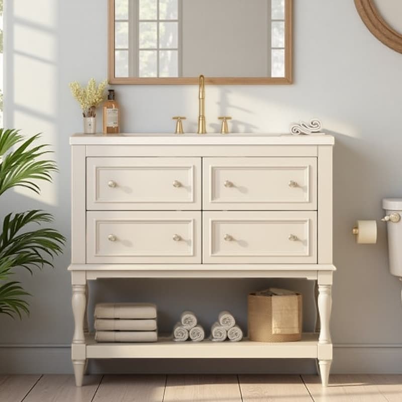 36" Freestanding Bathroom Cabinet with Ceramic Sink Combo, 4 Drawers, Solid Wood Frame & MDF Construction, Undermount Sink Top