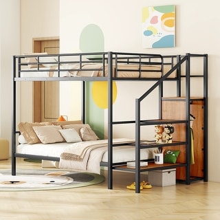 Metal Bunk Bed with Lateral Storage Ladder and Wardrobe, Black