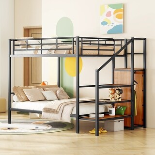 Full Over Full Metal Bunk Bed with Lateral Storage Ladder and Wardrobe