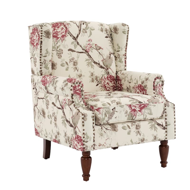 Traditional Floral Patterned Wingback Armchair with Nailhead Trim
