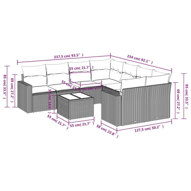 vidaXL Patio Sofa Set with Cushions Outdoor Furniture 9 Piece Poly Rattan - 21.7 x 21.7 x 14.6