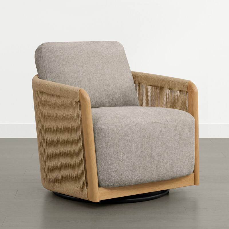 Spruce & Spring Boho Braid Swivel Accent Chair with Woven Paper Rope Armrests&Wood-Look Metal Frame