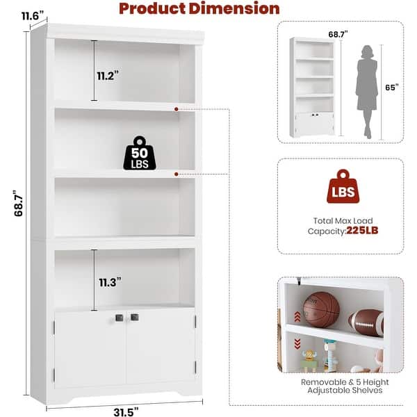 Farmhouse Bookcase with 2 Doors & Adjustable Shelves - Open Display ...