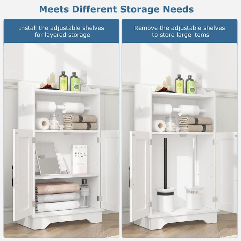 VECELO Bathroom Storage Cabinet, Wooden Floor Cabinet with 2 Doors and Toilet Roll Holder, Adjustable Shelf