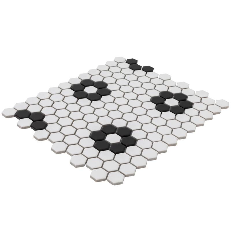 Industry Tile 10.23x11.81 Hex Flower White with Black Porcelain Mosaic (20 pc/ box) - Case
