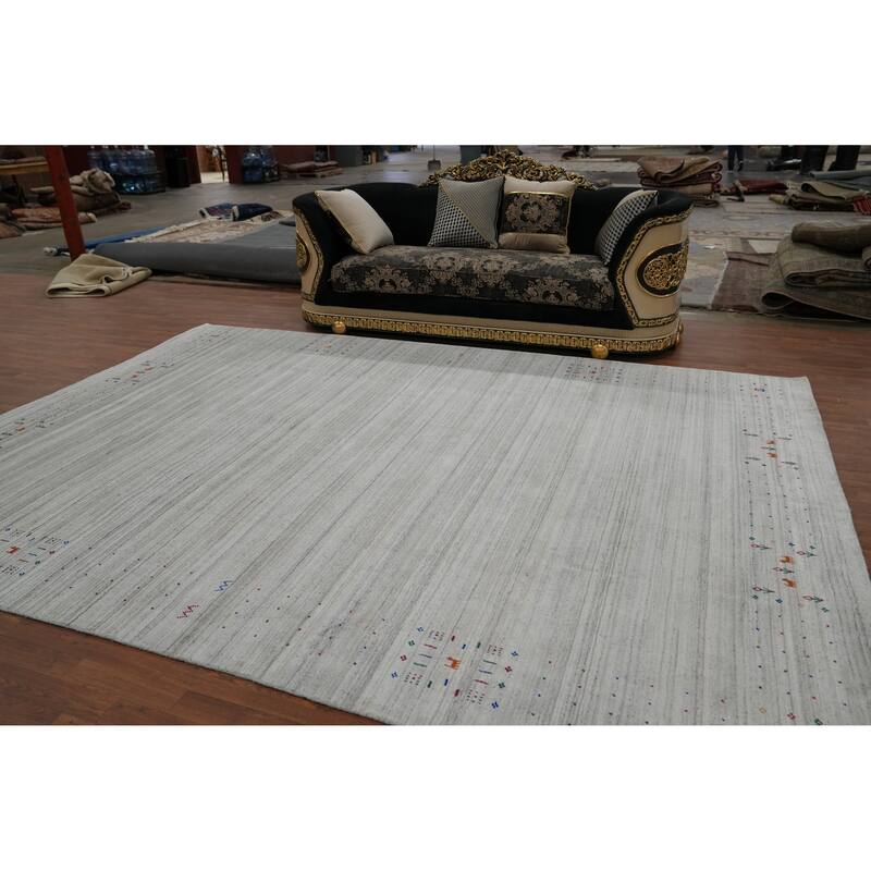 Hand Knotted Oriental 100% Wool Carpet Tribal Stripe Greys & Charcoal Gabbeh Area Rug - 12' 6'' X 9' 2''