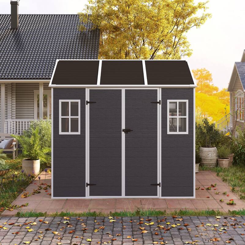 8X7FT Outdoor Resin Shed with Two-Window and Double-Door - Dark Gray