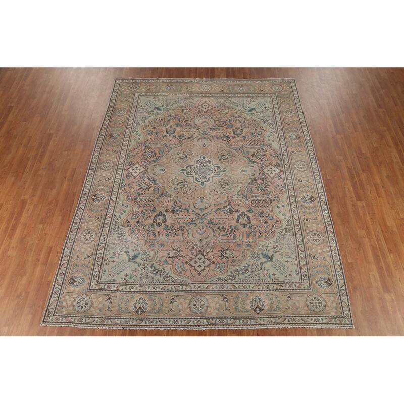 Pink Geometric Tabriz Persian Vintage Area Rug Handmade Wool Carpet - 8'8"x 11'2"