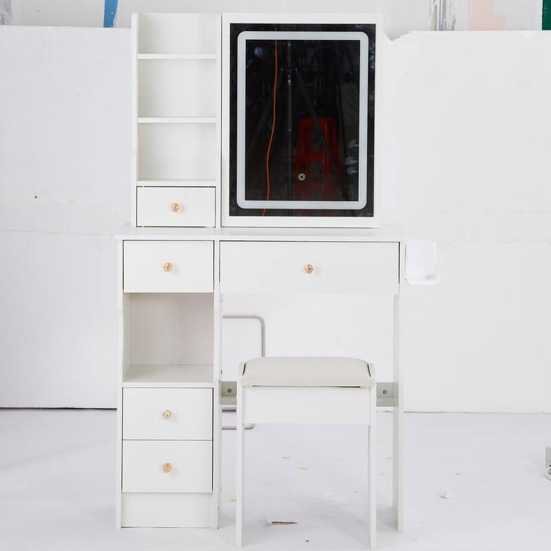 29.2" Small Size Left Drawer Desktop Vanity Table + Cushioned Stool, 2 AC+2 USB Power Station, Hair dryer bracket