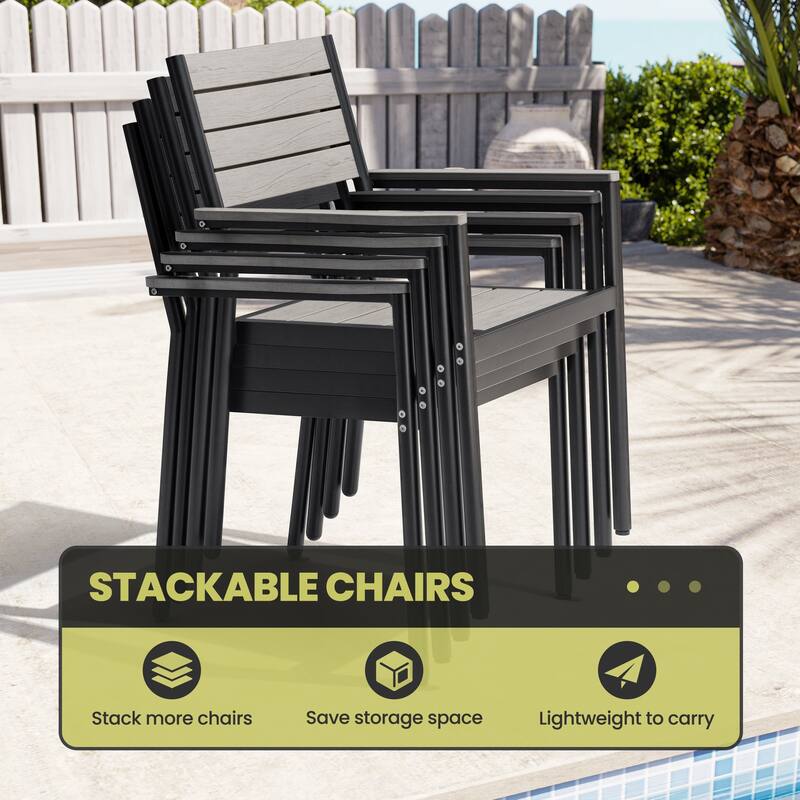 7-piece Patio Dining Set Outdoor Aluminum Rectangular Table with Umbrella Hole and Stackable Chairs