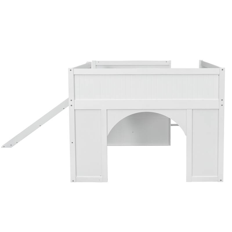 GDFStudio - PlayHaven Modern Wooden Low Loft Bed with Storage Shelves and Slide