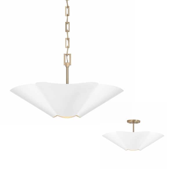 slide 2 of 5, 4-Light Modern Botanical Dual Mount Pendant in Matte White with Painted Matte Brass Interior and Square Designer Chain 23.25"W x 12.75"H