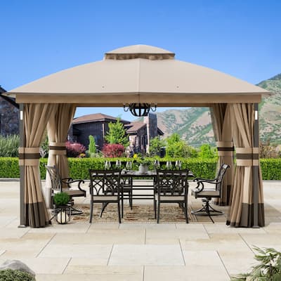 Patio Gazebo 11'x13' with LED Lights & Bluetooth Speaker, Soft-top Gazebo with Netting and Curtains for Backyard