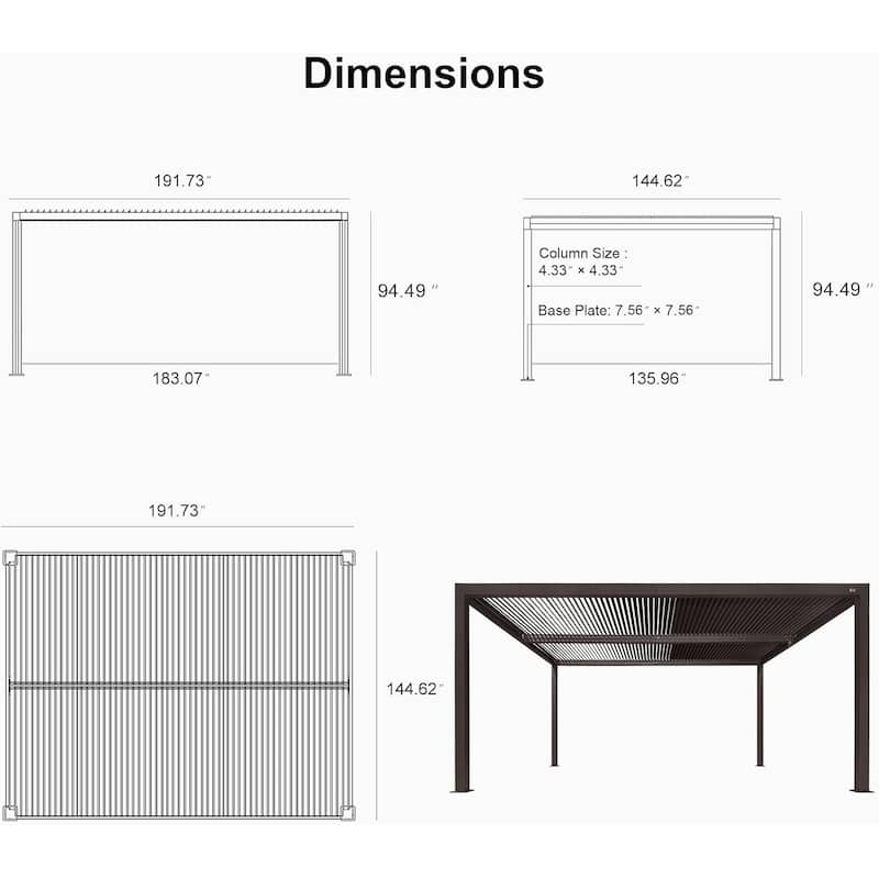 PURPLE LEAF Bronze Louvered Pergola with Adjustable Roof for Deck Backyard Garden Hardtop Gazebo