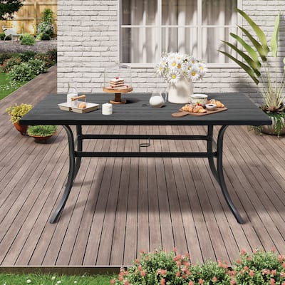 Outdoor 66-Inch Rectangle Dining Table Weather-Resistant Picnic Table with Umbrella Hole