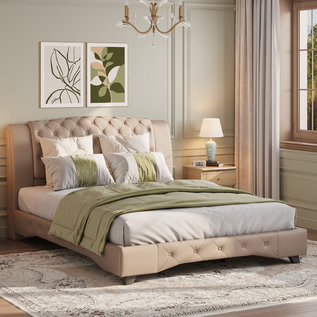 Christopher Knight Home - Modern Upholstered Platform Bed with Wood & Metal Frame - King Size Bed with Button-Tufted Headboard