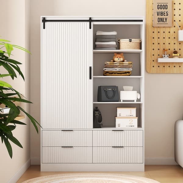 Sliding Barn Door Wardrobe White Armoire Closet, Freestanding Bedroom Clothing Storage Cabinet for Clothes Coats Dresses - Bed Bath & Beyond - 43028739 Sliding Barn Door Wardrobe White Armoire Closet, Freestanding Bedroom Clothing Storage Cabinet for Clothes Coats Dresses - Bed Bath & Beyond - 43028739