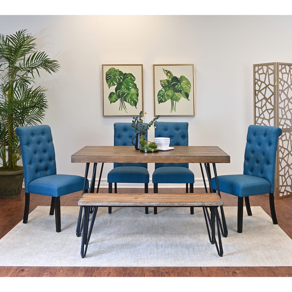 Roundhill Furniture Ashford 6-Piece Dining Set, Hairpin Dining Table with 4 Chairs and Bench