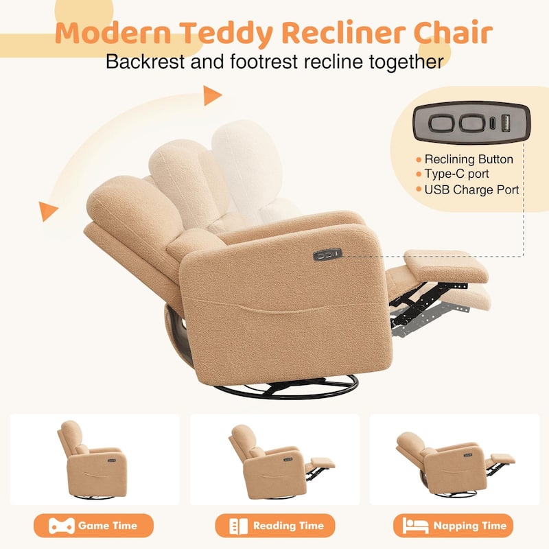 Swivel Power Recliner Chair Teddy Nursery Glider Rocking Recliner