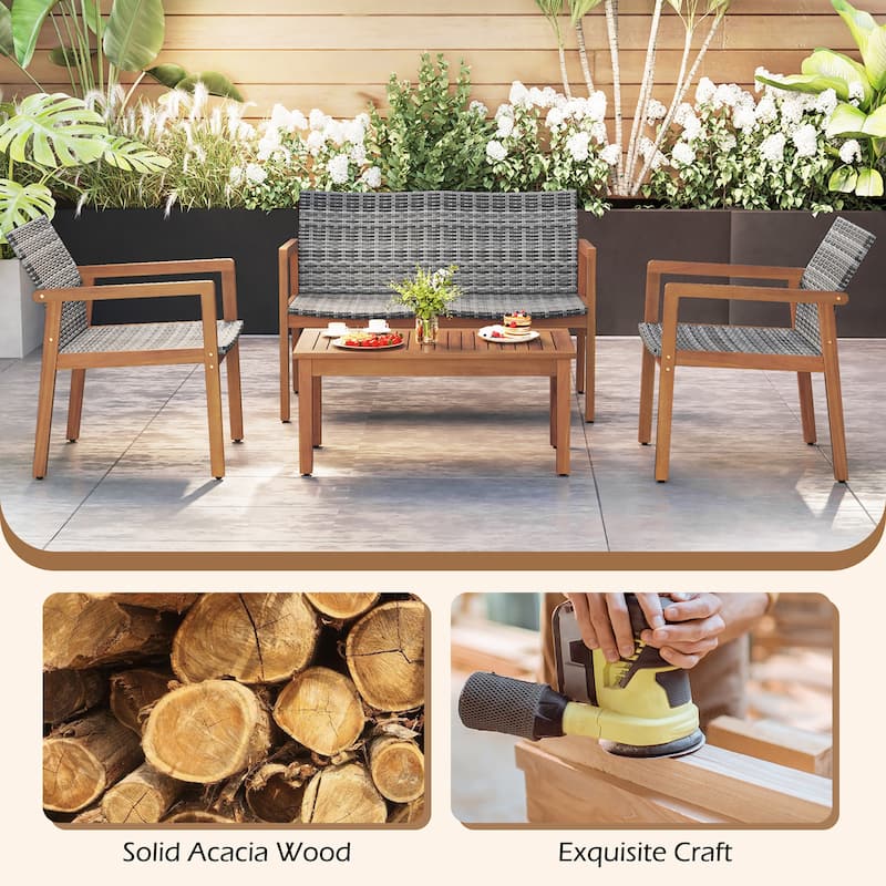 Gymax 4 Pieces Outdoor Furniture Set Acacia Wood Frame Sofa Set w/