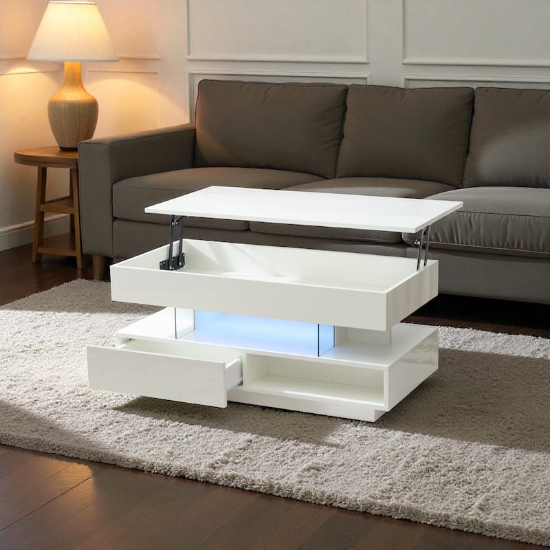 39.3" Modern Lift-Top Coffee Table with LED Lights, Hidden Storage Compartment and 2 Drawers for Living Room or Office