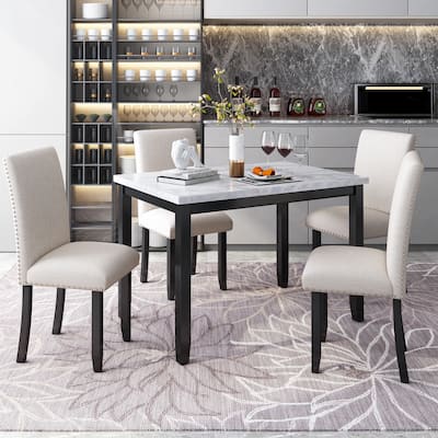 5 Piece Dining Table Set, Wooden Kitchen Dining Table Set with Faux Marble Dining Table and 4 Thicken Cushion Dining Chairs