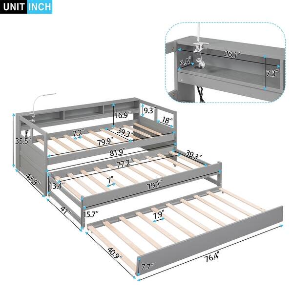 dimension image slide 0 of 2, Merax Twin XL Wood Daybed with 2 Trundles, 3 Storage Cubbies, 1 Light for Free and USB Charging Design