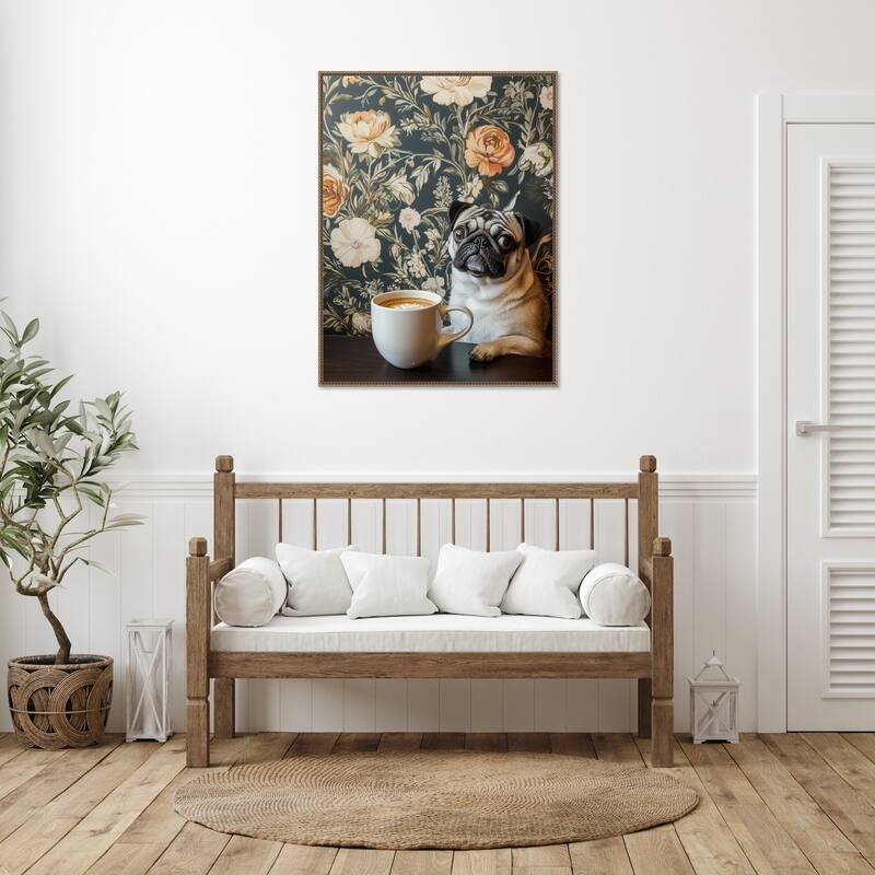 The Latte Loving Pug by Mowzu Framed Canvas Wall Art