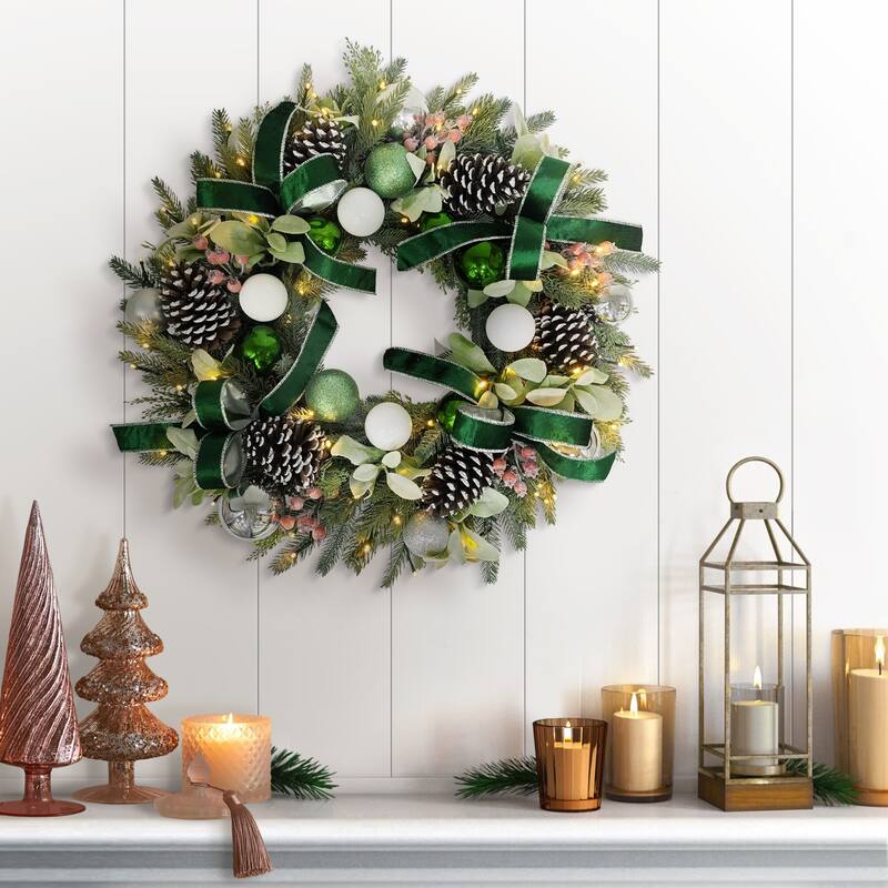 Puleo International 26" Pre-Lit Artificial Adorned Christmas Wreath - Green