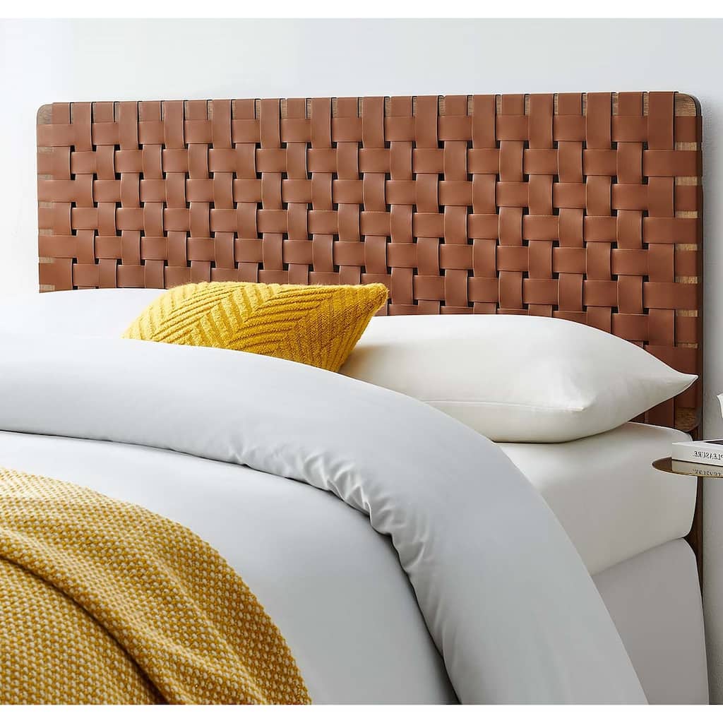 Ditmas Solid Wooden Brown Leather Basket Weaved Full Size Headboard