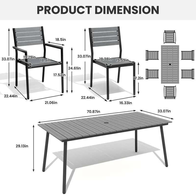Outdoor Patio Dining Set 7/9 Piece Furniture Set Aluminum Dining Table with Umbrella and Stackable Chairs