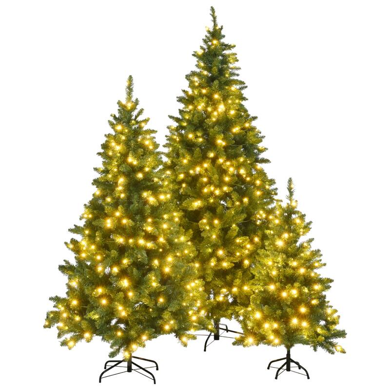 8FT, 6FT, 4FT Pre-Lit PVC Christmas Trees Set with Warm Yellow LED Lights and 2539 Branch Tips for Home Holiday Decoration