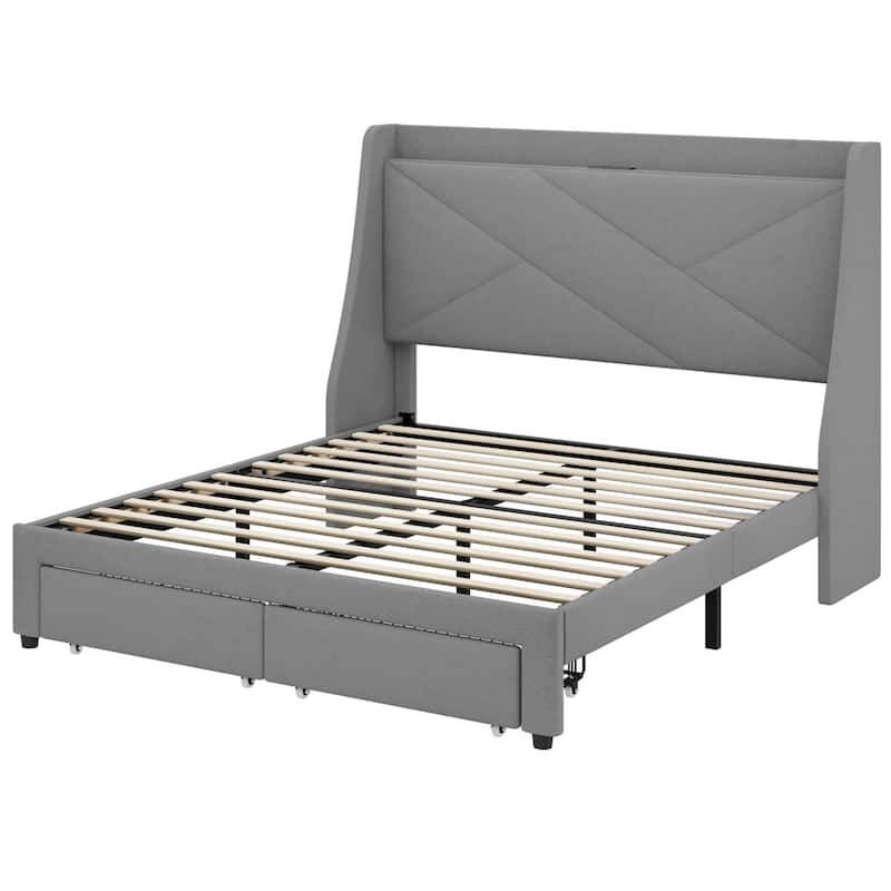 Queen Wingback Bed Frame with Drawer and USB Charging