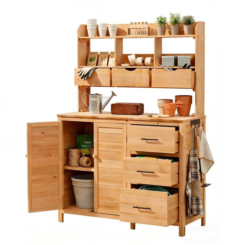 Roomfitters Garden Potting Bench with Storage Hutch, Outdoor Potting Table with 6 Drawers and Cabinets, Shelves