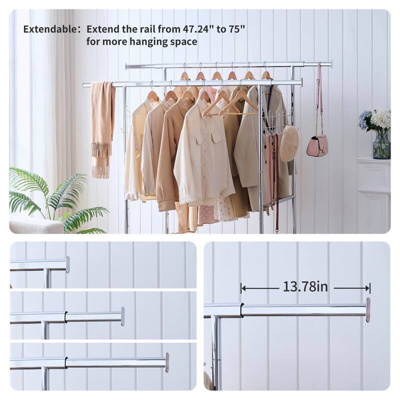Mieres Double Clothing Rack, Collapsible Clothing Rack Max Capacity 800lbs, Industrial Rolling Rack with Bottom Shelf