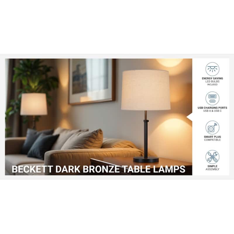 Kenroy Home Beckett Lamp with USB ports - Dark Bronze - Set of 2