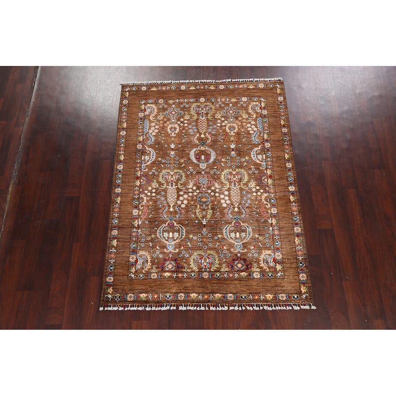 Vegetable Dye Floral Ziegler Oriental Area Rug Wool Handmade Carpet - 5'0" x 6'7"