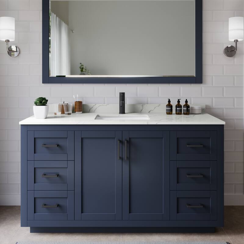 Wyndham Collection WCF292960S-QTZ-UNSM58 Miranda 60" Free Standing - Dark Blue / Giotto Quartz Top / Matte Black