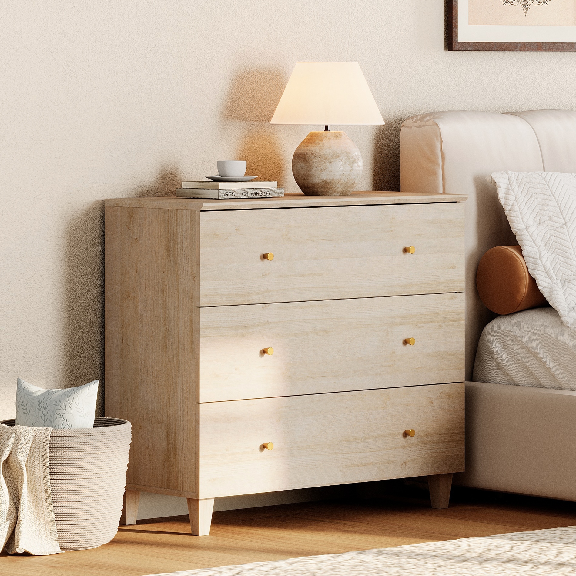 Wood Large Nightstand with 3 Drawers for Bedroom, 35 Inches Wide