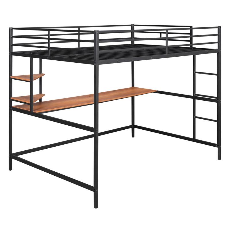 Full Metal Loft Bed with Desk and Shelves, Black