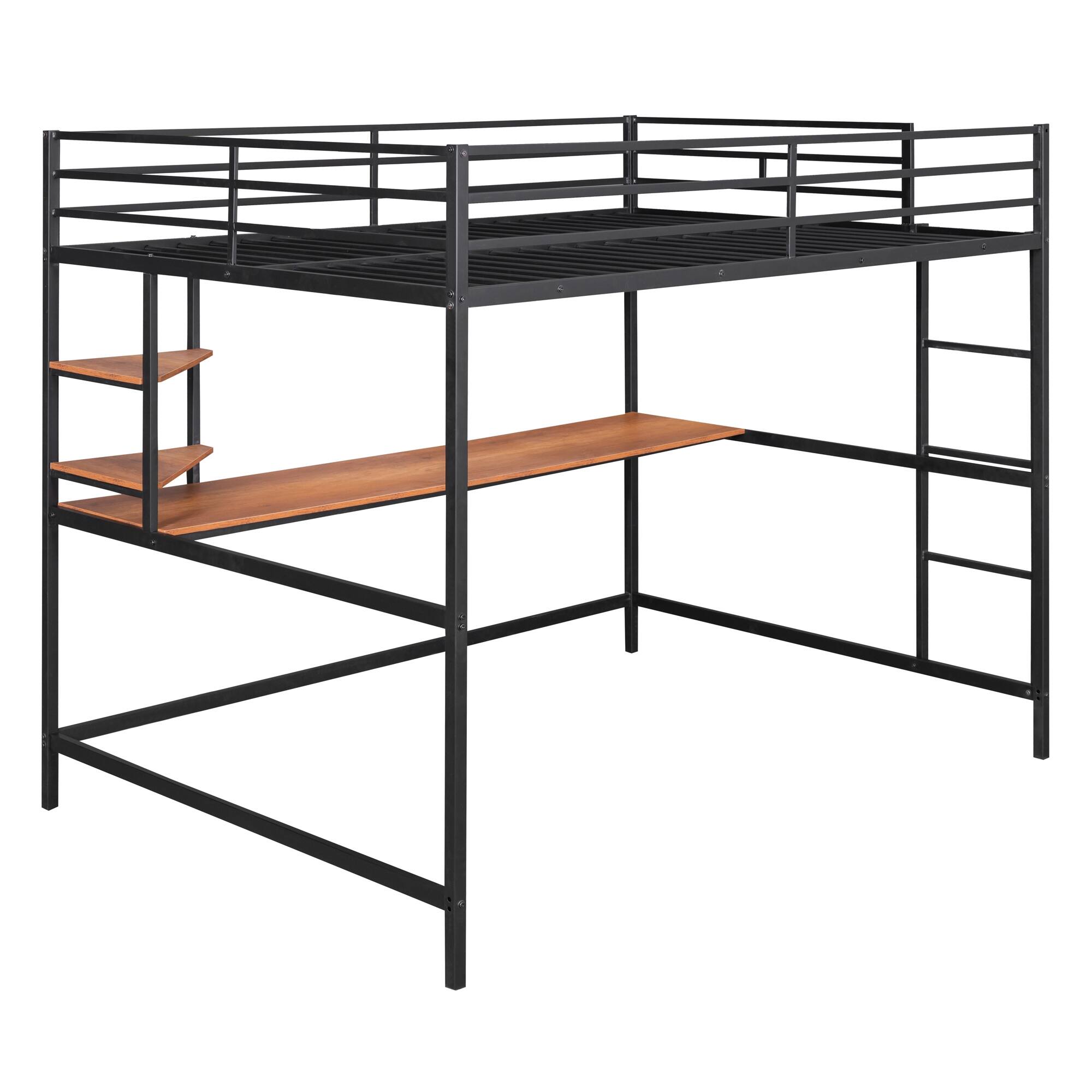 Metal Loft Bed with Desk and Shelves, Modern Style, Full Size - Bed ...