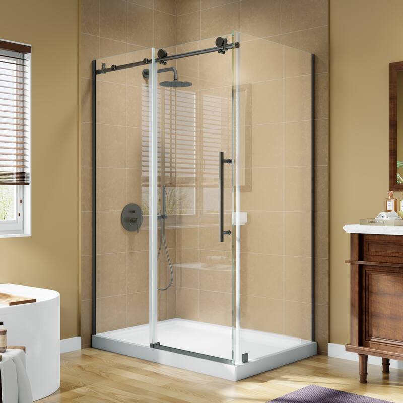 Modland 44-48" x 72'' Semi-Frameless Sliding Shower Enclosure - 3/8" SGCC Glass, Matte Black/Brushed Nickel