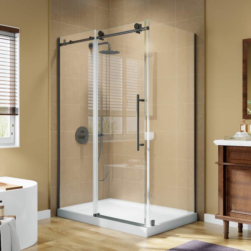 Modland 44-48" x 72'' Semi-Frameless Sliding Shower Enclosure - 3/8" SGCC Glass, Matte Black/Brushed Nickel