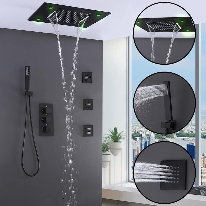Rbrohant Thermostatic LED Waterfall Shower Faucet System Massage Jets