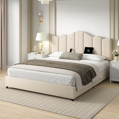 VECELO Platform Bed Frame with Type-C & USB Charging Stations Upholstered Adjustable Headboard Strong Wooden Slats Support